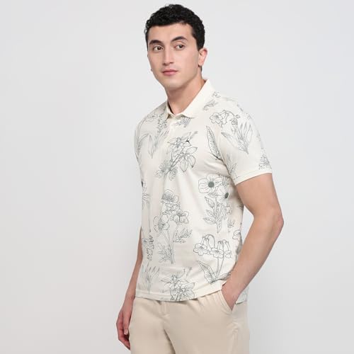 Parx Men Regular Fit Print Pattern Pure Cotton Polo Neck Half Sleeve Straight Hem Casual T-Shirt White