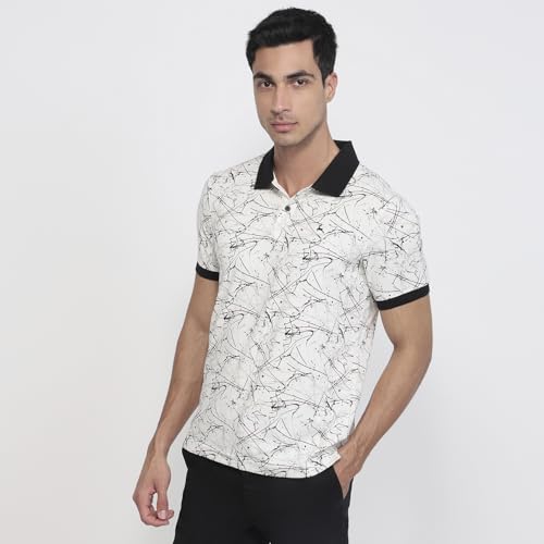 Parx Men Oversize Fit Print Pattern Pure Cotton Polo Neck Half Sleeve Straight Hem Casual T-Shirt Black