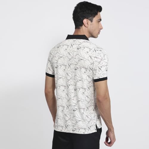 Parx Men Oversize Fit Print Pattern Pure Cotton Polo Neck Half Sleeve Straight Hem Casual T-Shirt Black
