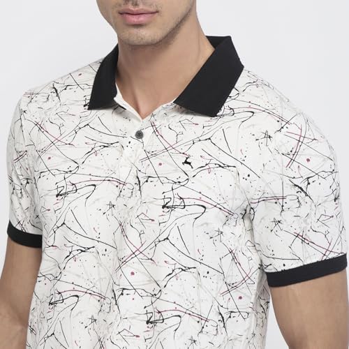 Parx Men Oversize Fit Print Pattern Pure Cotton Polo Neck Half Sleeve Straight Hem Casual T-Shirt Black