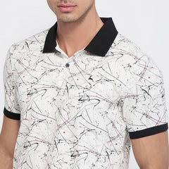 Parx Men Oversize Fit Print Pattern Pure Cotton Polo Neck Half Sleeve Straight Hem Casual T-Shirt Black