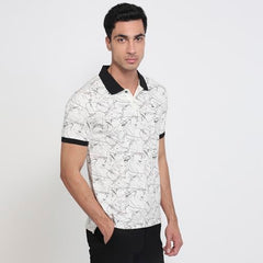 Parx Men Oversize Fit Print Pattern Pure Cotton Polo Neck Half Sleeve Straight Hem Casual T-Shirt Black