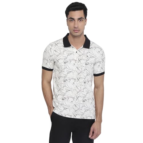Parx Men Oversize Fit Print Pattern Pure Cotton Polo Neck Half Sleeve Straight Hem Casual T-Shirt Black