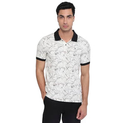 Parx Men Oversize Fit Print Pattern Pure Cotton Polo Neck Half Sleeve Straight Hem Casual T-Shirt Black
