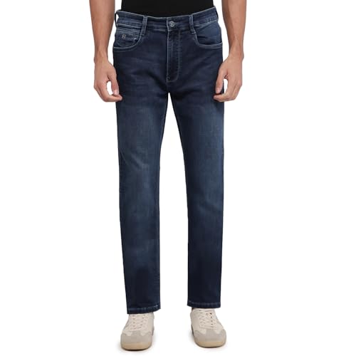 Parx Men Loose Fit Dobby Pattern Cotton Polyester Blend Flat Front Casual Jeans Blue