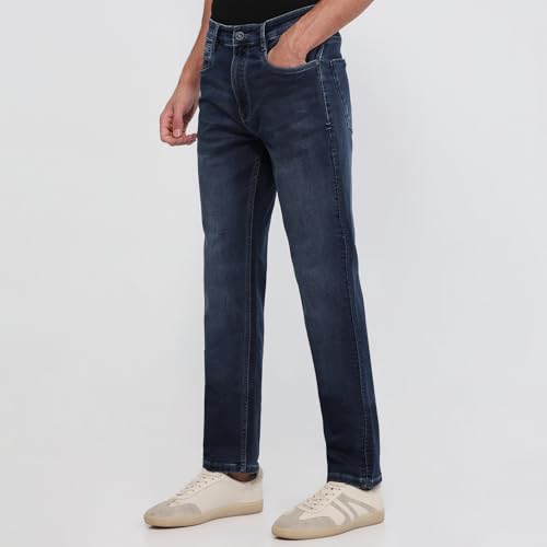 Parx Men Loose Fit Dobby Pattern Cotton Polyester Blend Flat Front Casual Jeans Blue