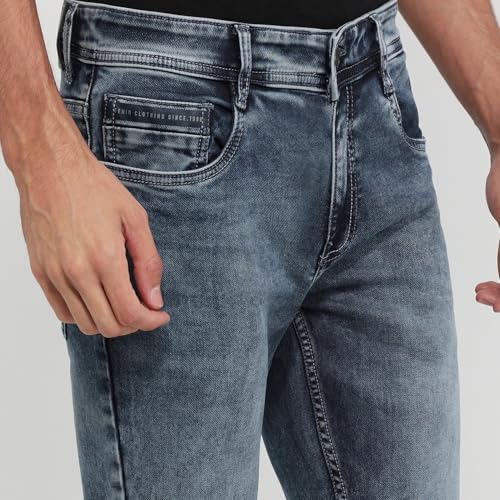 Parx Men Loose Fit Dobby Pattern Cotton Polyester Blend Flat Front Casual Jeans Blue