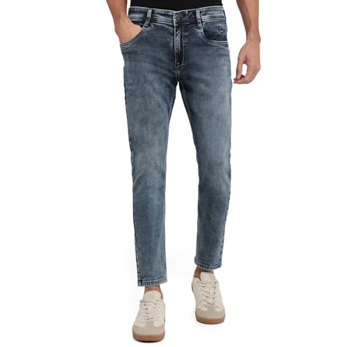 Parx Men Loose Fit Dobby Pattern Cotton Polyester Blend Flat Front Casual Jeans Blue