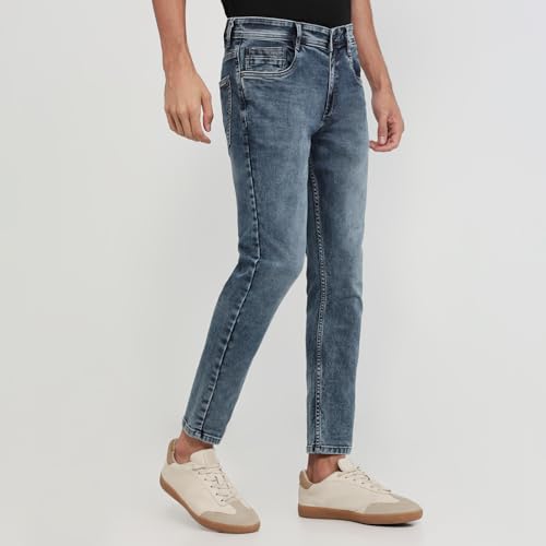 Parx Men Loose Fit Dobby Pattern Cotton Polyester Blend Flat Front Casual Jeans Blue