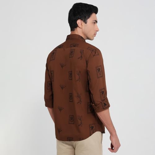 Parx Men Slim Fit Embroidery Pattern Pure Cotton Semicutaway Collar Full Sleeve Round Hem Casual Shirt Dark Brown