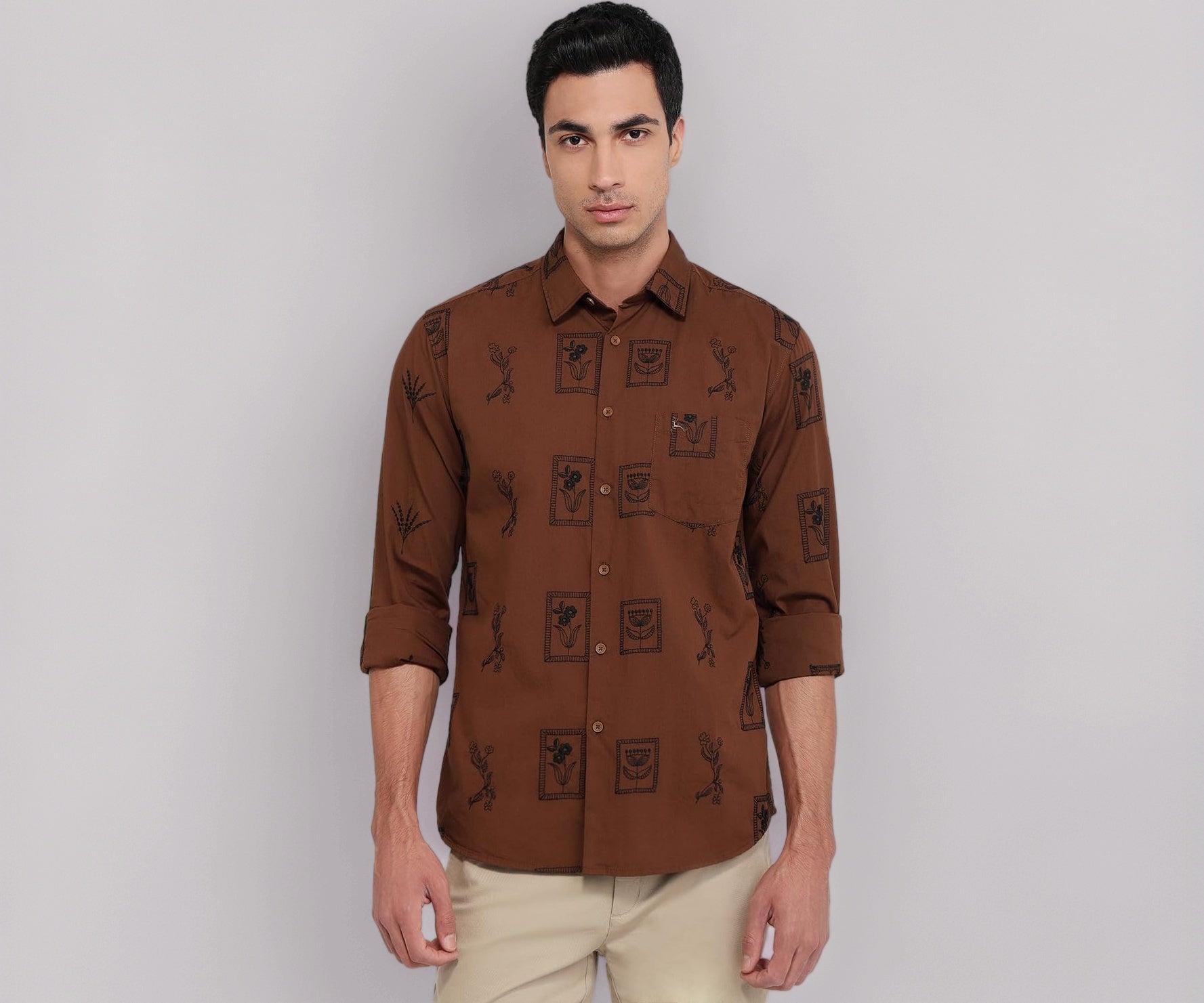 Parx Men Slim Fit Embroidery Pattern Pure Cotton Semicutaway Collar Full Sleeve Round Hem Casual Shirt Dark Brown
