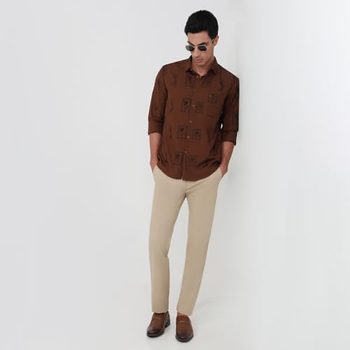 Parx Men Slim Fit Embroidery Pattern Pure Cotton Semicutaway Collar Full Sleeve Round Hem Casual Shirt Dark Brown