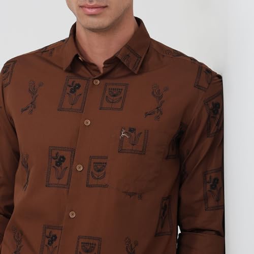 Parx Men Slim Fit Embroidery Pattern Pure Cotton Semicutaway Collar Full Sleeve Round Hem Casual Shirt Dark Brown