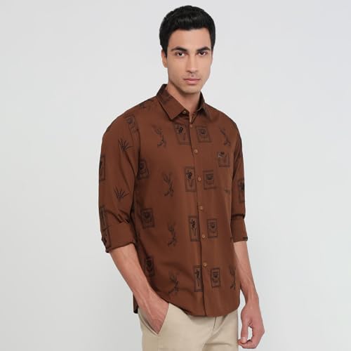 Parx Men Slim Fit Embroidery Pattern Pure Cotton Semicutaway Collar Full Sleeve Round Hem Casual Shirt Dark Brown
