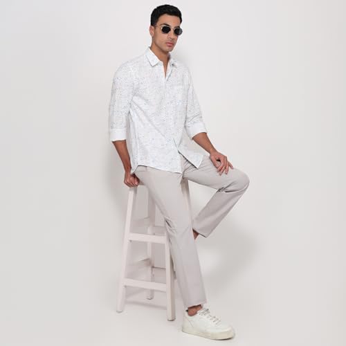 Parx Men Slim Fit Print Pattern Cotton Blend Semi Cutaway Collar Full Sleeve Casual Shirt Blue