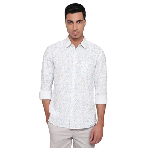 Parx Men Slim Fit Print Pattern Cotton Blend Semi Cutaway Collar Full Sleeve Casual Shirt Blue