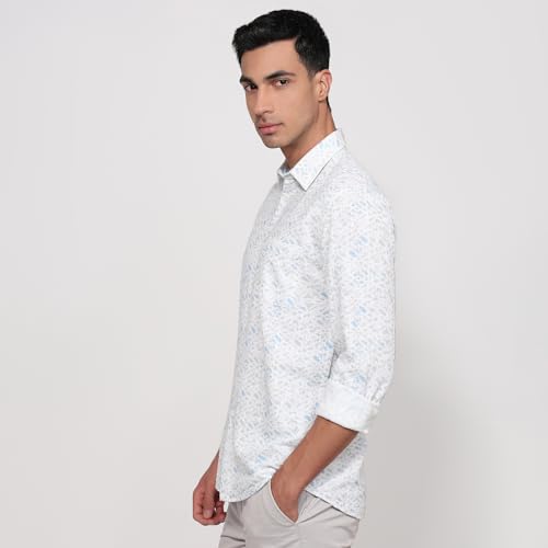 Parx Men Slim Fit Print Pattern Cotton Blend Semi Cutaway Collar Full Sleeve Casual Shirt Blue
