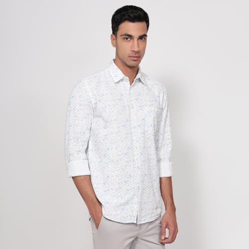 Parx Men Slim Fit Print Pattern Cotton Blend Semi Cutaway Collar Full Sleeve Casual Shirt Blue