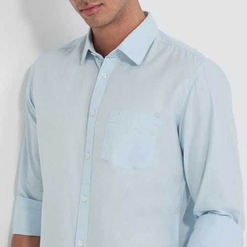 Parx Men Slim Fit Solid Pattern Cotton Blend Semicutaway Collar Full Sleeve Round Hem Casual Shirt Medium Blue