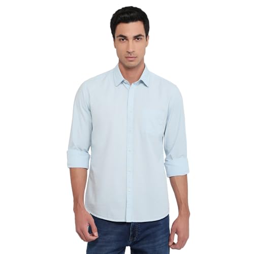 Parx Men Slim Fit Solid Pattern Cotton Blend Semicutaway Collar Full Sleeve Round Hem Casual Shirt Medium Blue