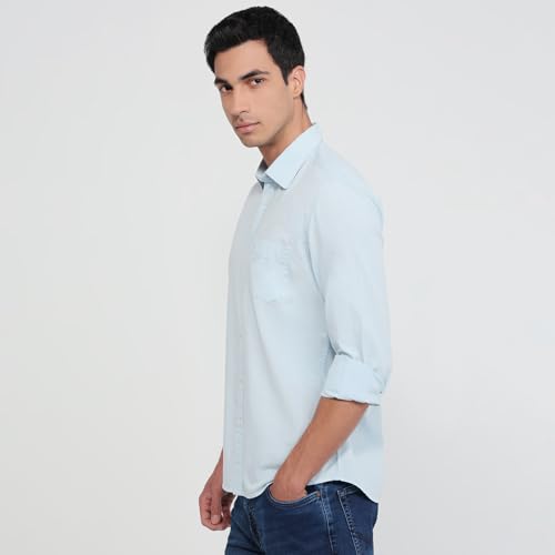 Parx Men Slim Fit Solid Pattern Cotton Blend Semicutaway Collar Full Sleeve Round Hem Casual Shirt Medium Blue