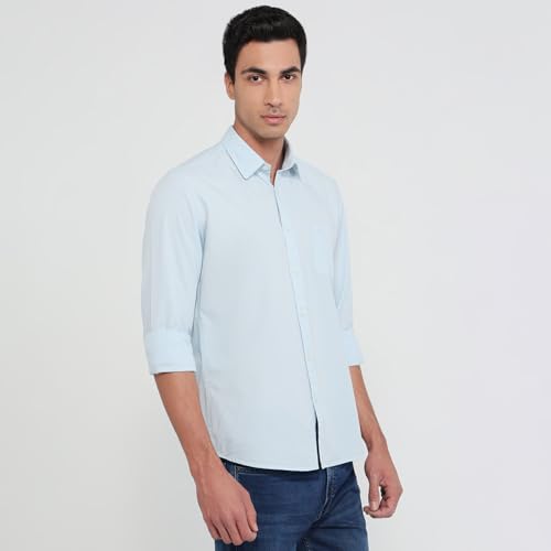 Parx Men Slim Fit Solid Pattern Cotton Blend Semicutaway Collar Full Sleeve Round Hem Casual Shirt Medium Blue