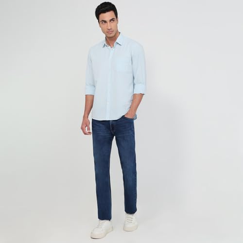 Parx Men Slim Fit Solid Pattern Cotton Blend Semicutaway Collar Full Sleeve Round Hem Casual Shirt Medium Blue