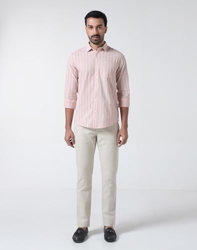 Blackberrys Men's Cotton Vertical-Stripes Light-Pink Slim-Fit Shirts