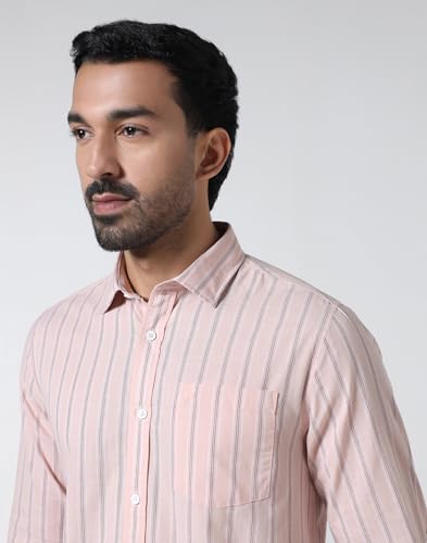 Blackberrys Men's Cotton Vertical-Stripes Light-Pink Slim-Fit Shirts