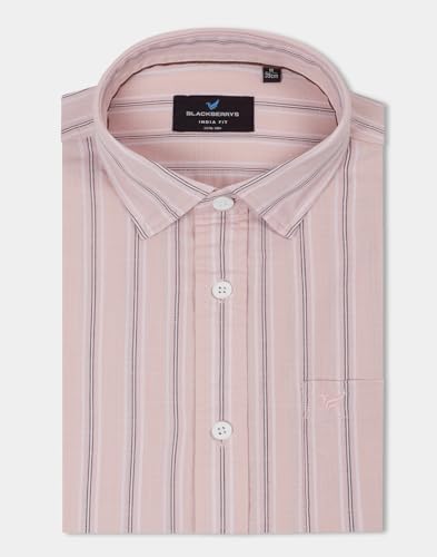 Blackberrys Men's Cotton Vertical-Stripes Light-Pink Slim-Fit Shirts