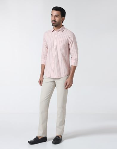Blackberrys Men's Cotton Vertical-Stripes Light-Pink Slim-Fit Shirts