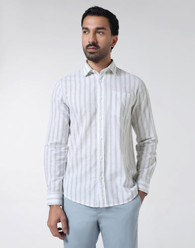 Blackberrys Men's Cotton Vertical-Stripes White Slim-Fit Shirts