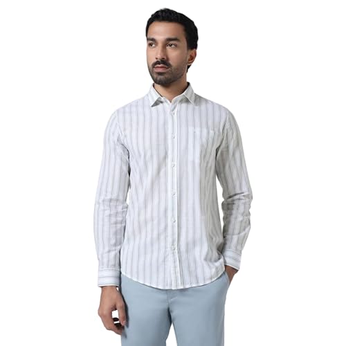 Blackberrys Men's Cotton Vertical-Stripes White Slim-Fit Shirts