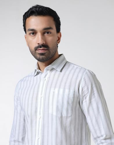Blackberrys Men's Cotton Vertical-Stripes White Slim-Fit Shirts