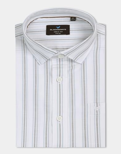 Blackberrys Men's Cotton Vertical-Stripes White Slim-Fit Shirts
