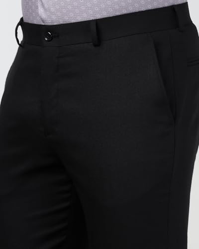 Blackberry men's dark brown polyester blend slim fit formal trousers laid flat, showcasing front and side details.