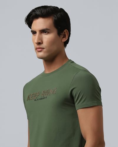 Blackberrys Men's Green Cotton Blend Letter Slim Tshirts