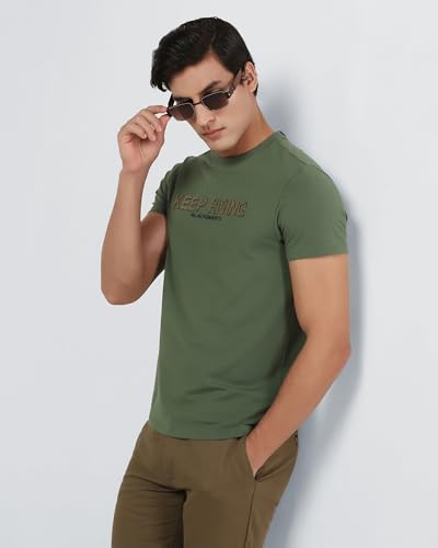 Blackberrys Men's Green Cotton Blend Letter Slim Tshirts