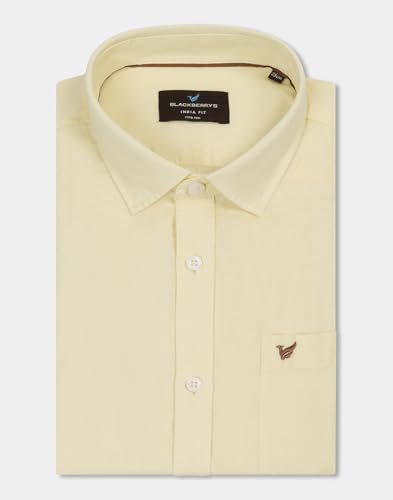 Blackberrys Men's Linen-Blend Solid Yellow Slim-Fit Shirts