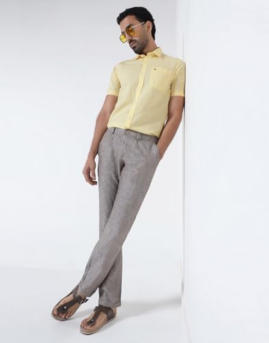 Blackberrys Men's Linen-Blend Solid Yellow Slim-Fit Shirts