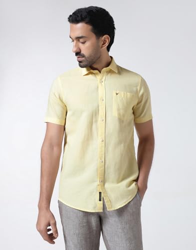 Blackberrys Men's Linen-Blend Solid Yellow Slim-Fit Shirts
