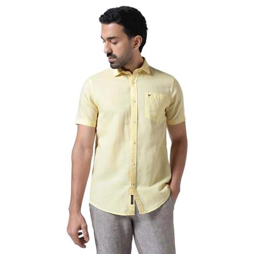 Blackberrys Men's Linen-Blend Solid Yellow Slim-Fit Shirts