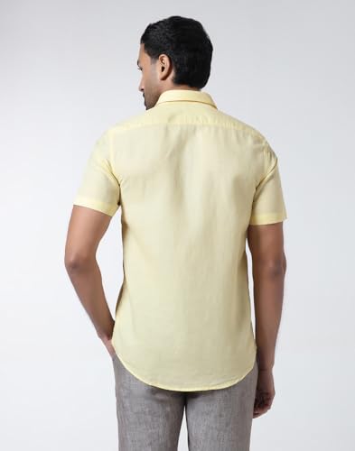 Blackberrys Men's Linen-Blend Solid Yellow Slim-Fit Shirts
