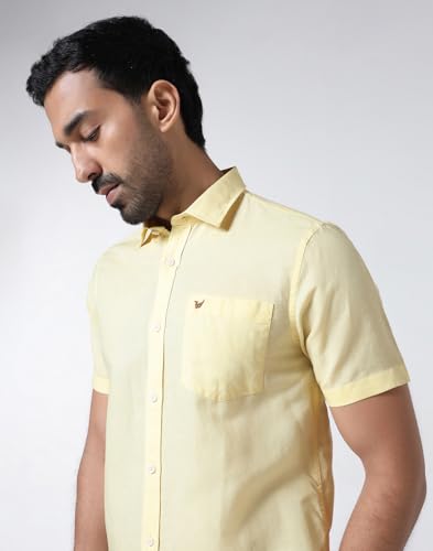 Blackberrys Men's Linen-Blend Solid Yellow Slim-Fit Shirts
