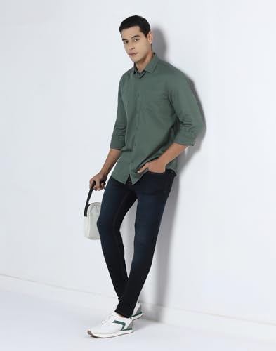 Blackberrys Men's Cotton Textured Green Slim-Fit Shirts