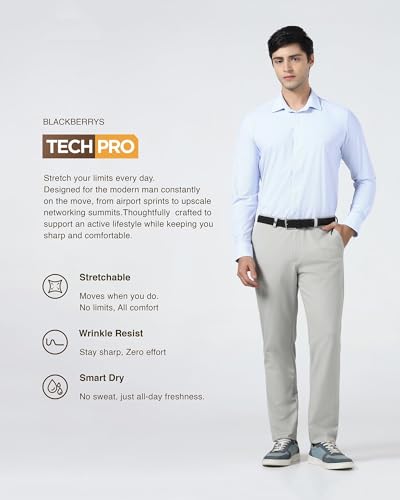 Blackberrys Men's Beige Polyester Blend Self-Design Slim Fit Formal Trousers