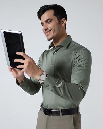 Blackberrys Men's Cotton Blend Solid Olive Slim-Fit Shirts