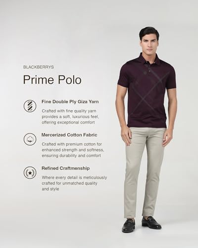 Blackberry men's burgundy cotton polo shirt with diagonal stripes, long sleeve, slim fit, casual upper wear.
