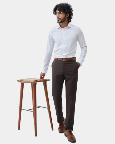 Blackberrys Men Textured Super Slim Fit Formal Trouser | Viscose Rayon Blend | Clean Front & Cross Pocket | Rust