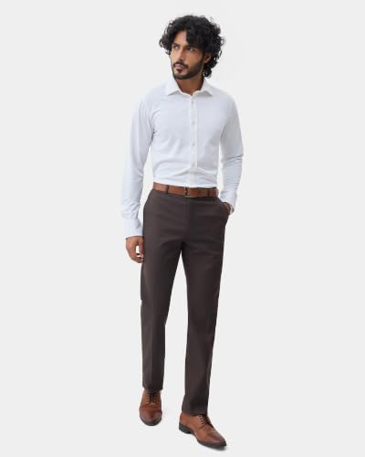Blackberrys Men Textured Super Slim Fit Formal Trouser | Viscose Rayon Blend | Clean Front & Cross Pocket | Rust